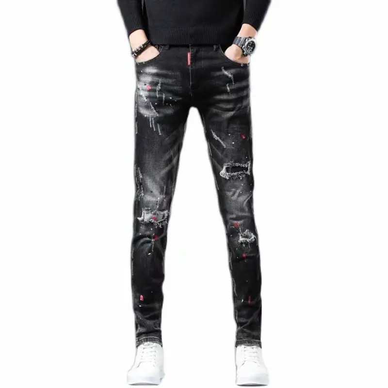 Jeans masculinos high street 2022 moda casual rasgo jeans masculino remendo juventude jeans pintura respingo tinta preto lápis calças jeans apertados mensl2403