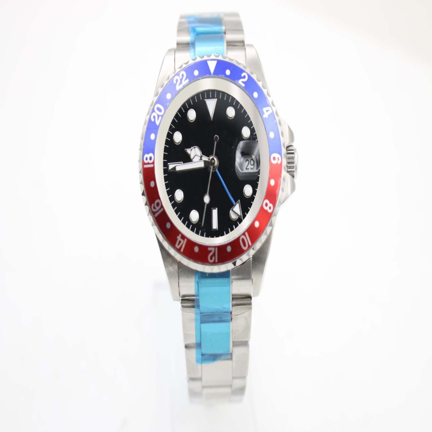 Męski zegarek mechaniczny 116710 Business Casual Nowoczesne srebrne białe stal ze stali nierdzewnej Blue Red Rim Black Dial 4-Pin Calendar261t