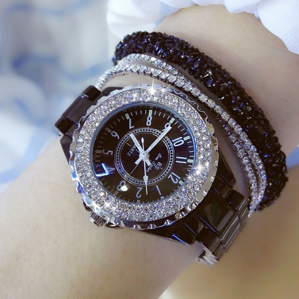 Diamond Watches Kadın Ünlü Marka Siyah Seramik Saat Kadınları Straping Kadınlar Bilek saati Rhinestone Kadın Bilek Saatleri 201204224t