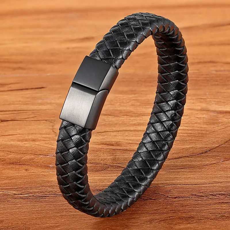 Цепочка Tyo Fashion Fashion The Staine Steel Charm Magnetic Black Mens Bracelet Bracelet Leather О искренний кожаный панк -рок -рок