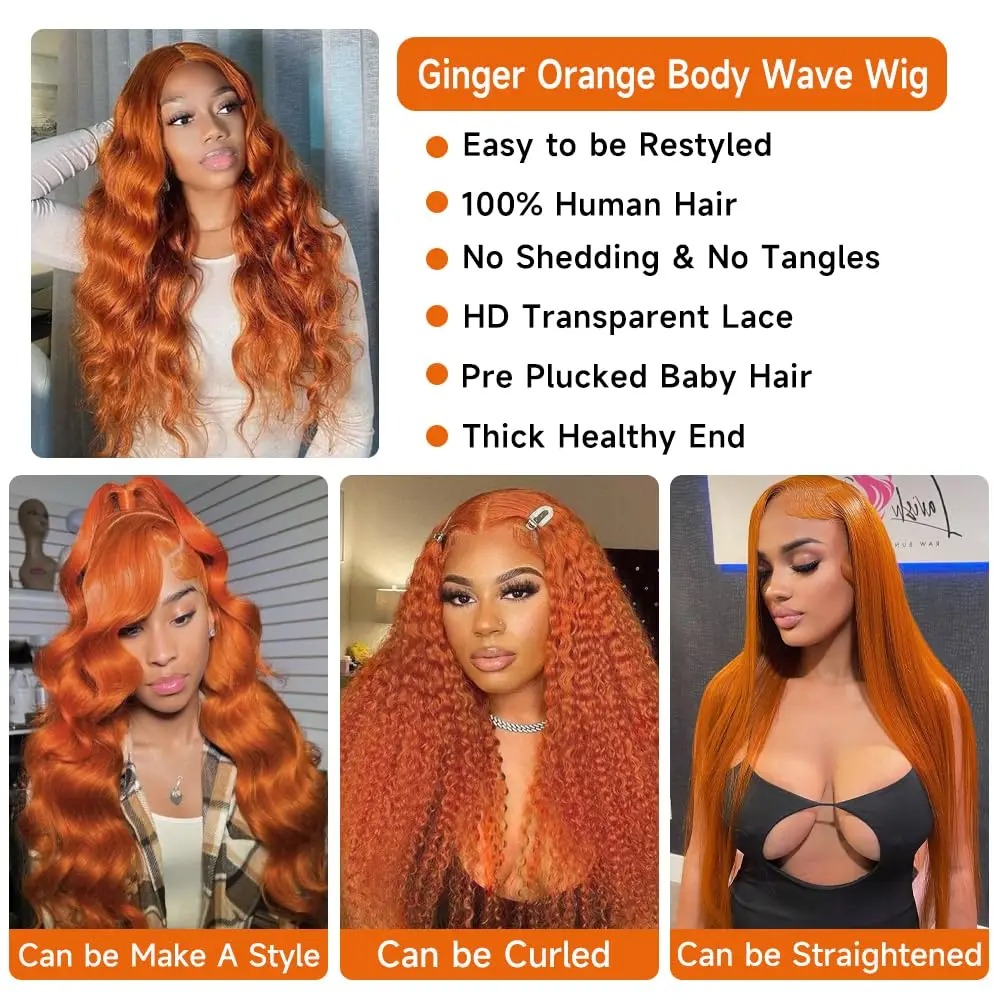 Imbirowe pomarańczowe koronkowe peruki przednie włosy ludzkie włosy przed wyciągniętą ciałem fala ludzka peruka włosy 13x4 imbir koronkowy peruka przednie ludzkie włosy dla kobiet
