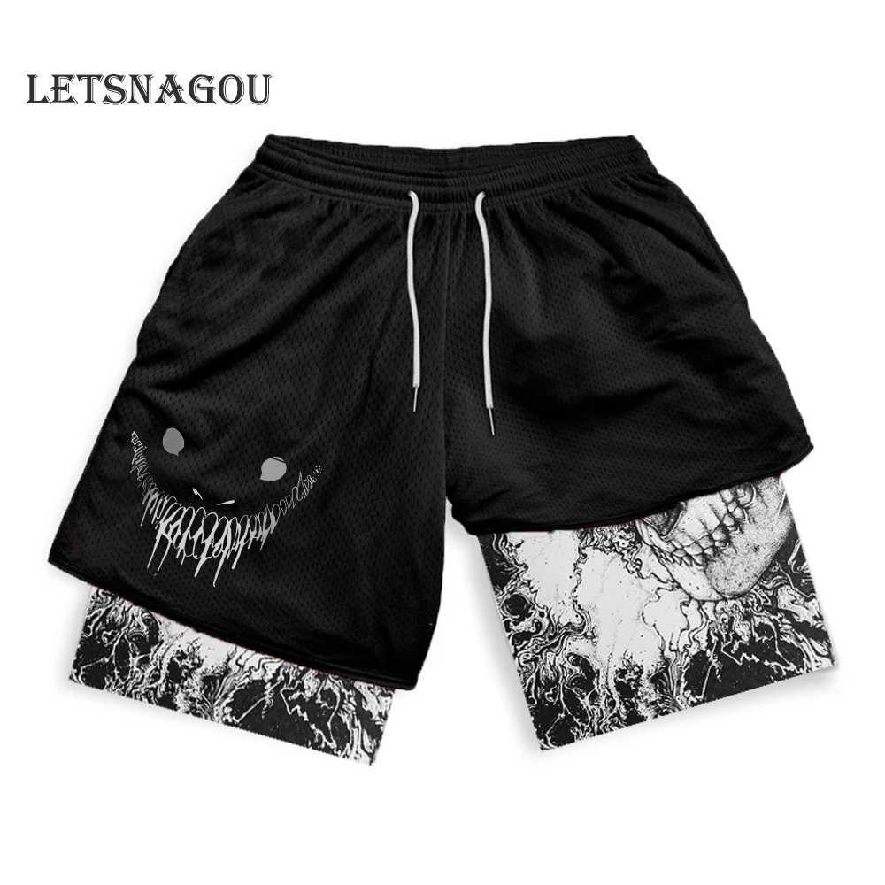 Shorts heren heren gecomprimeerde korte film anime printing dubbele laag 2-in-1 prestaties ademende snel drogende elastische training 24325