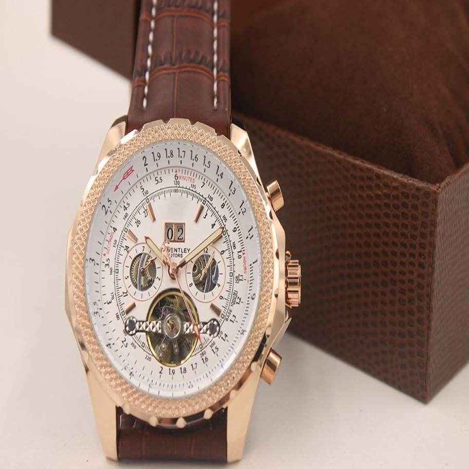 2014 New Fashion Brown Leather Band 1884 Mens Watch Tourbillion Gold Stainless Steel Luxury Man Watches309d