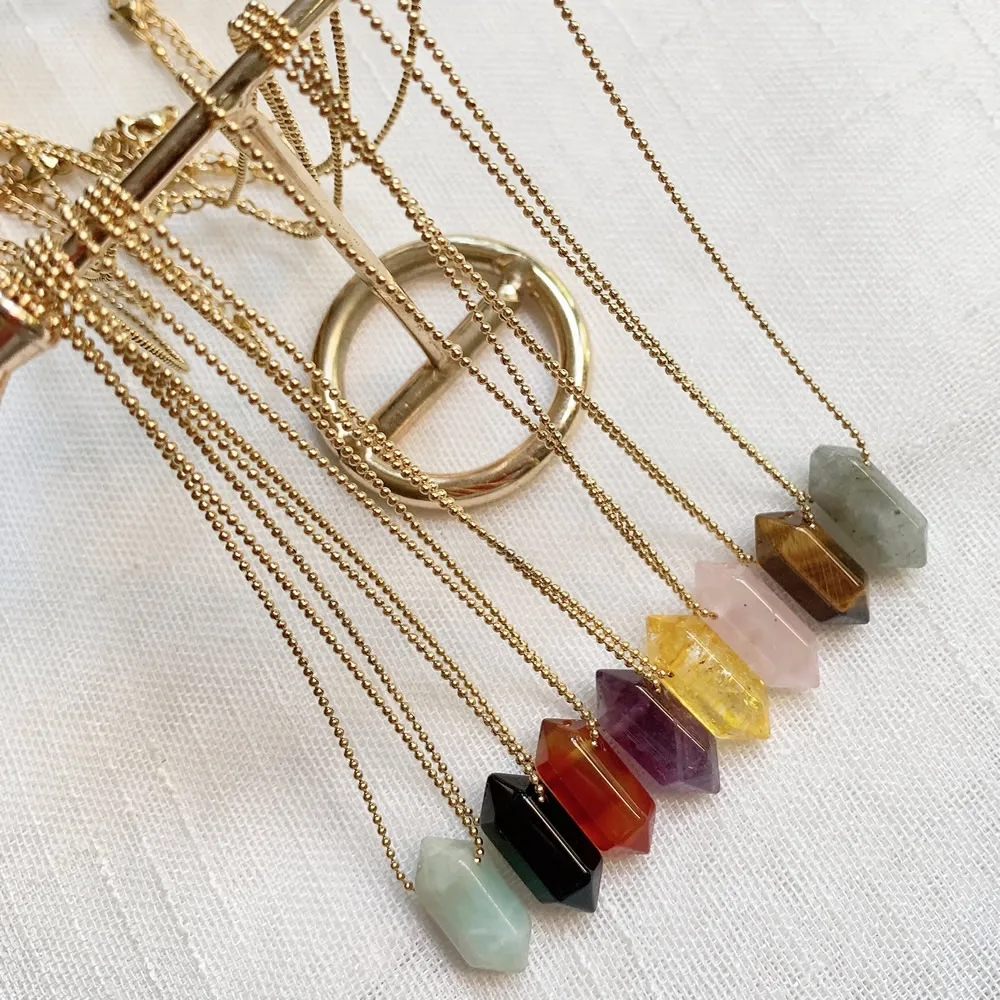 Petit collier en cristal Hexagonal, chaîne en acier inoxydable, pierre naturelle, Citrines, Quartz, pendentif en cristal violet, amulette de Point de guérison