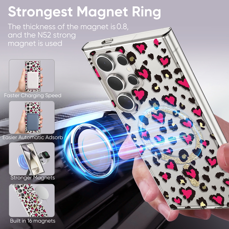 Grano leopardo magnetico wireless ricarica custodia plastica dura iPhone 15 14 più 13 pro max 12 samsung s24 ultra s23 s22 magnet pc pc bling cover