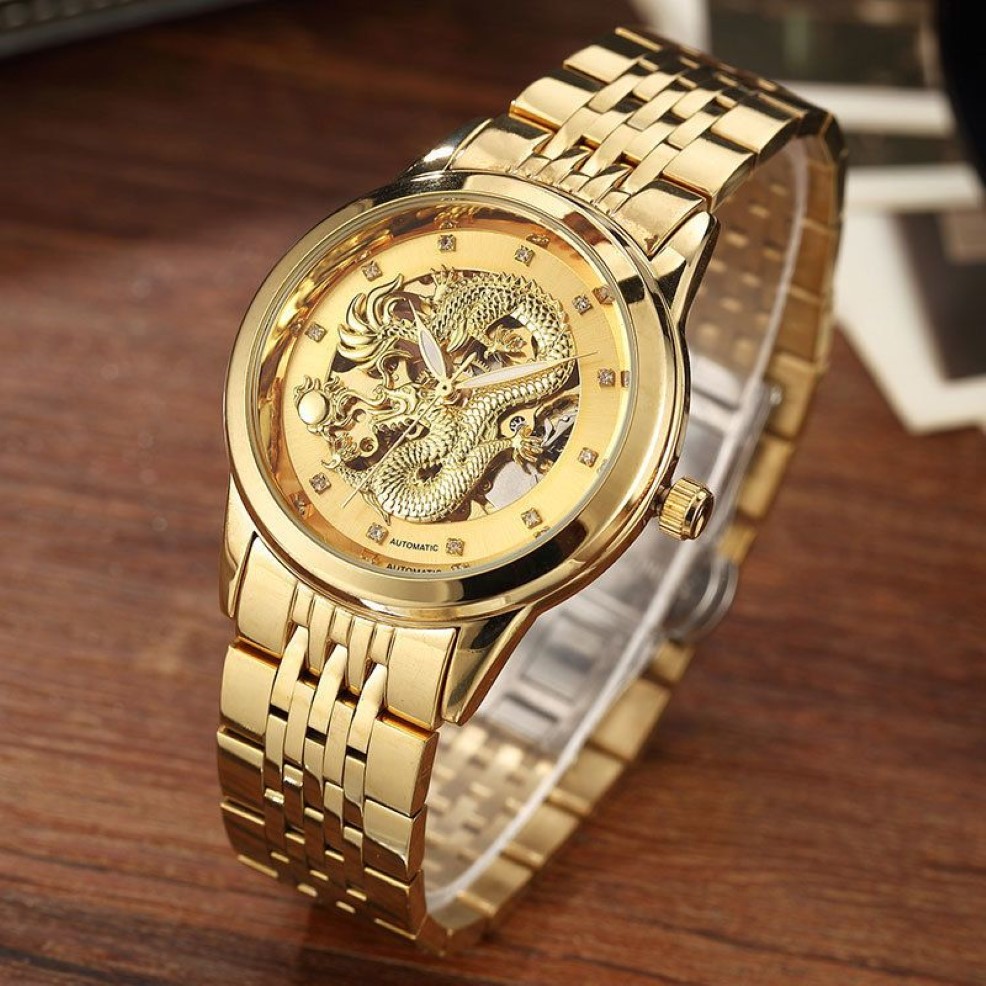 Esqueleto Gold Mechanical Watch Men automático 3D esculpido Dragon Steel Wrist Watch Watch China Luxo Top Self Wind 2018 Y290F