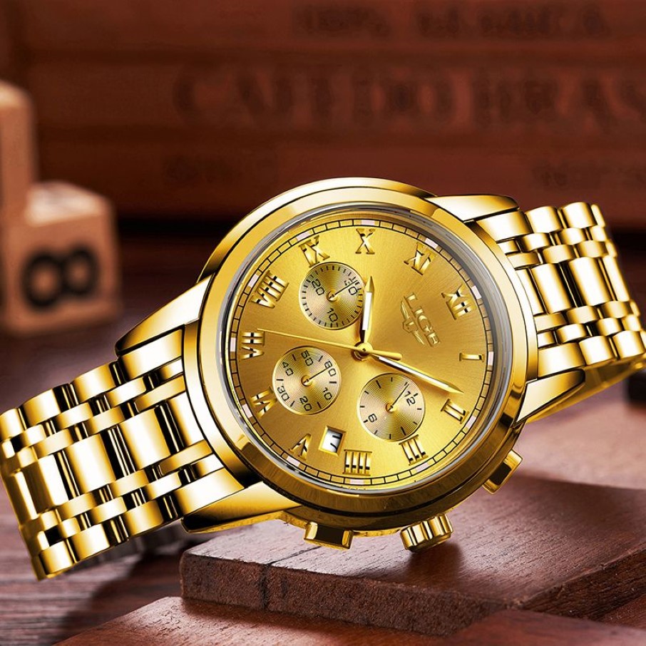 Lige Mens Watches Top Brand Luxury Fashion Quartz Gold Watch Men's Businessステンレス鋼防水時計Relogio Masculin261n