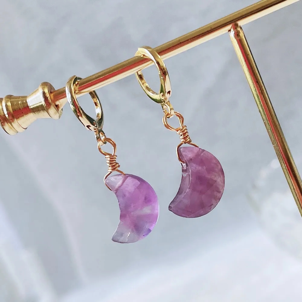 Boucles d'oreilles en cristal de pierre naturelle pour femmes et filles, joli petit croissant de lune, breloque goutte pendule Citrines, boucles d'oreilles en cristal violet