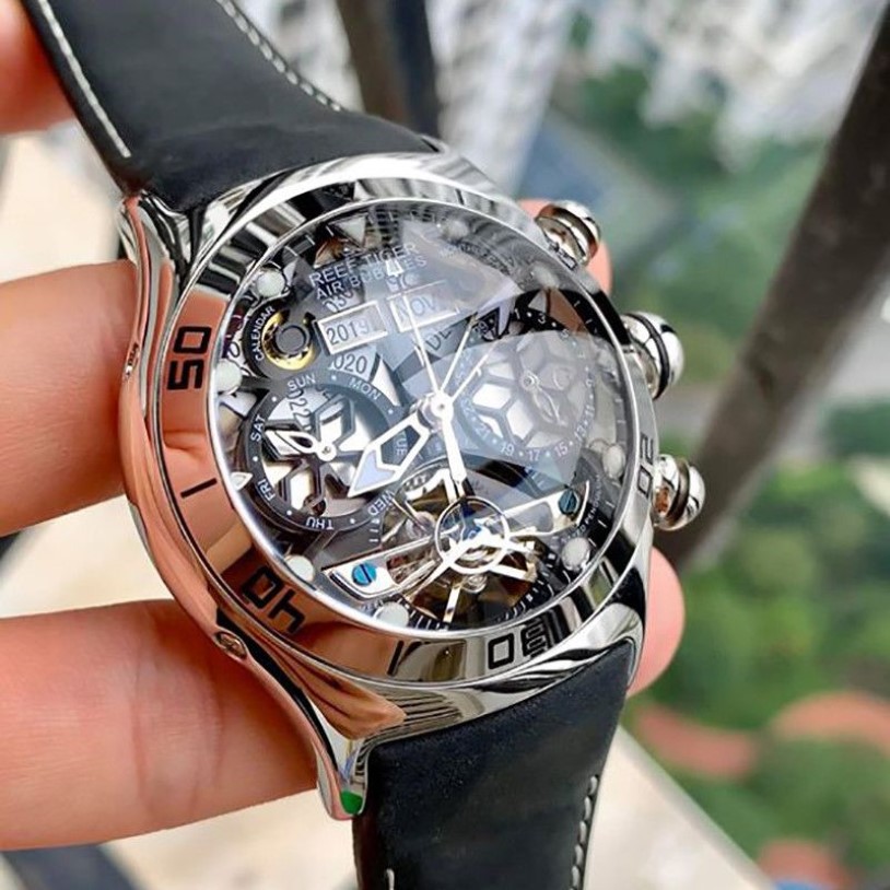Rafa Tiger Mens Sport zegarki szkieletowe tarcza i ręce miesiąc datę dzień oglądać świecące czarne stalowe automatyczne zegarek RGA703282Q
