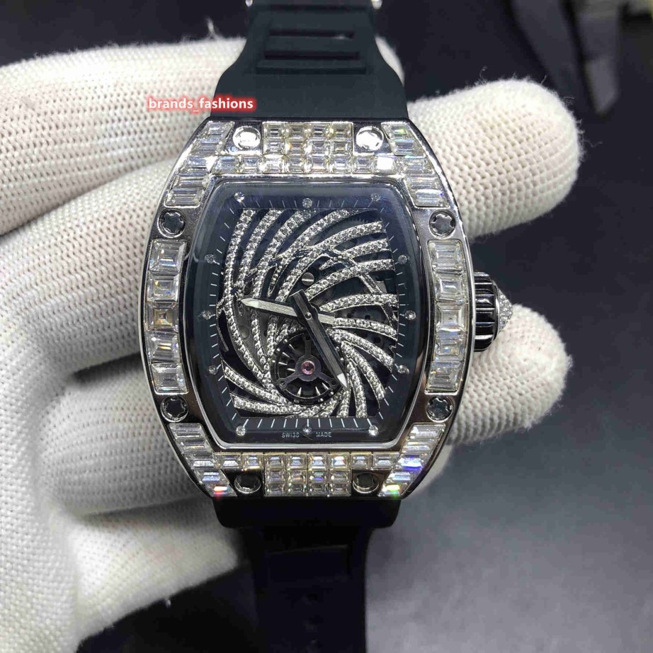 Orologio da polso da uomo di tendenza Hip Hop Orologio con cassa in diamanti Orologi con lunetta in diamanti di grandi dimensioni Orologio con cinturino in caucciù nero Orologio meccanico automatico W272T