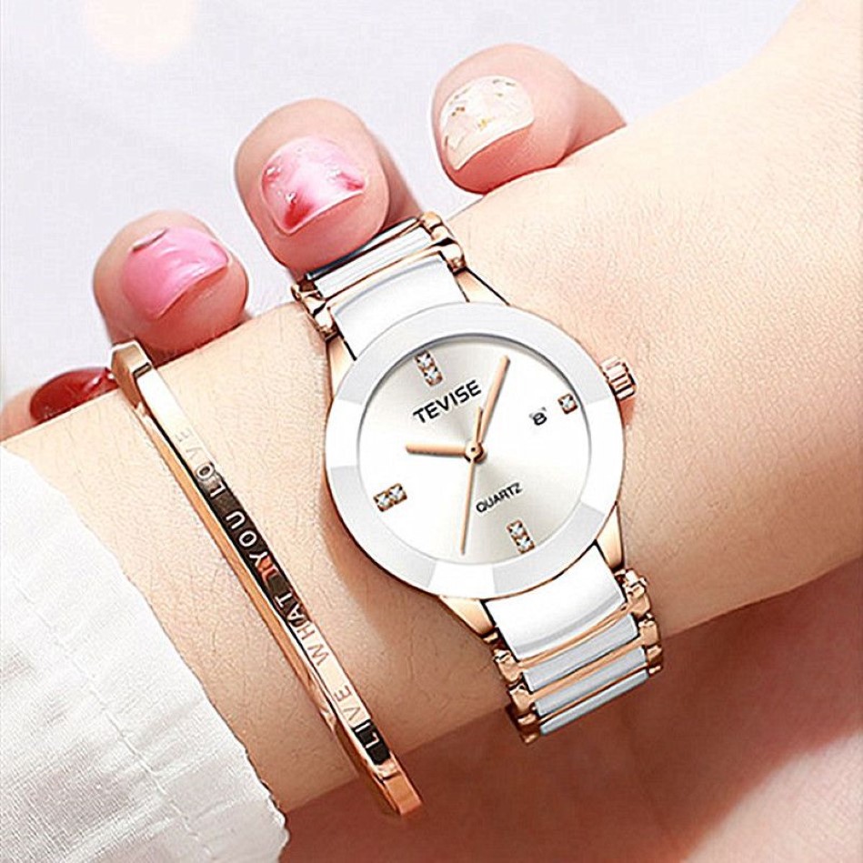 Tevise Gold Ladies Armband Watch Quartz Women Watches Luxury Fashion Casual Ceramic Girl Watch Waterproof Arm Wristwatch Fix Tool CX2218I