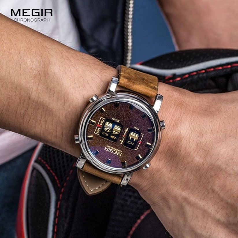 MEGIR Nuovo Top Band Orologi Da Uomo Sport Militare In Pelle Marrone Orologio Da Polso Al Quarzo di Lusso Rullo del Tamburo relogio masculino 2137 210329220w