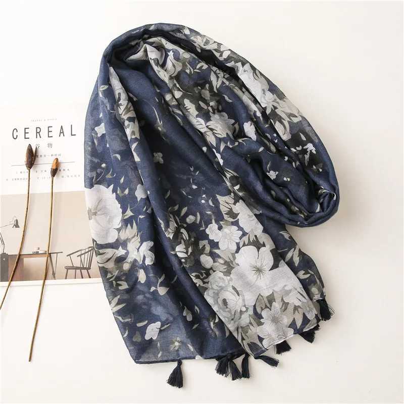 Sarongs Womens Autumn Navy Blue Abstract Flower Adhesive Shawl High Quality Printed Packaging Pashmina Snow Bufandas Muslim pannband 180 * 90 cm 24325