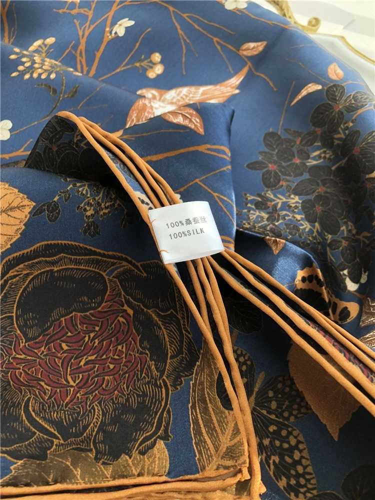 Sarongs Navy Blue Coffee Gold 100% Silk Scarf Womens Foulard Fall Flower Design Silk Scarf Winter Long Scarf Headband 240325