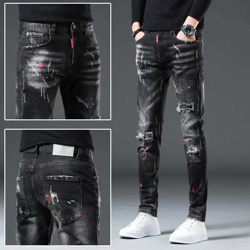 Jeans masculinos high street 2022 moda casual rasgo jeans masculino remendo juventude jeans pintura respingo tinta preto lápis calças jeans apertados mensl2403