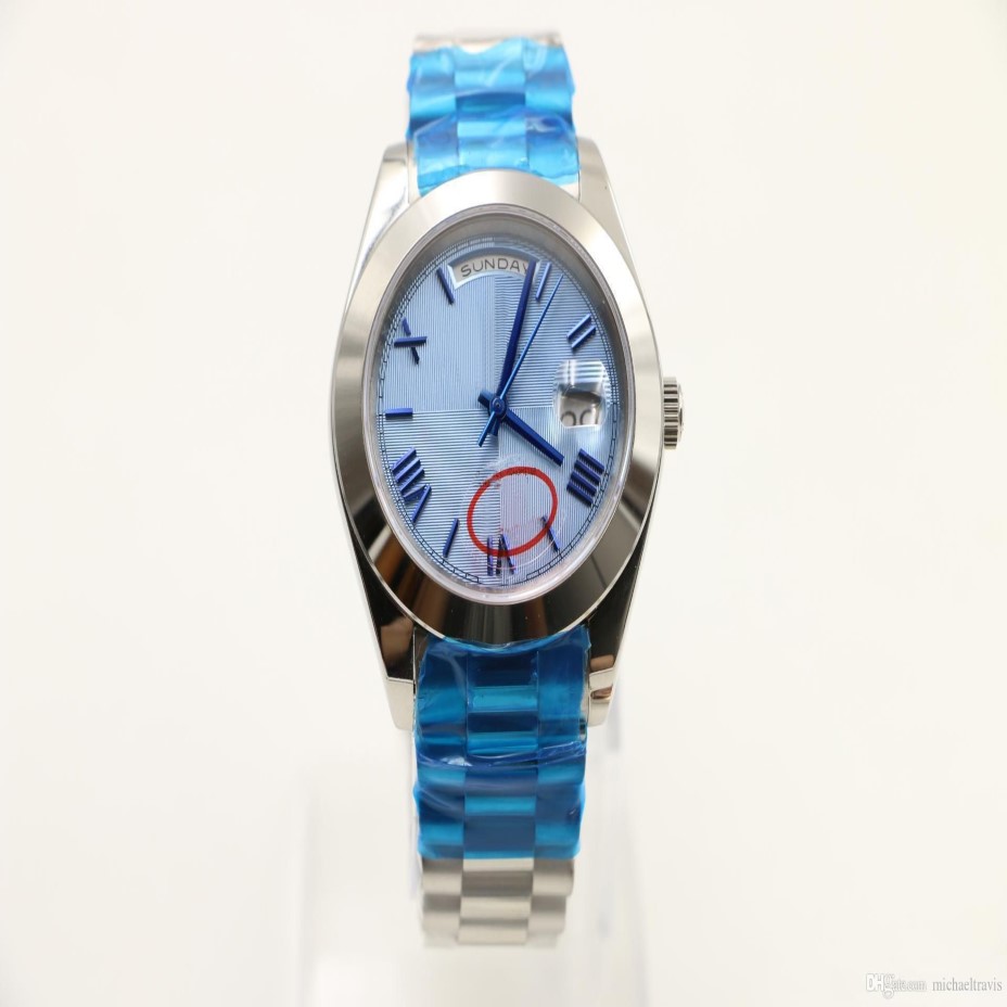 Reloj automático clásico para hombre de 40 mm Relojes con esfera redonda a rayas azules correa presidencial inoxidable 268i