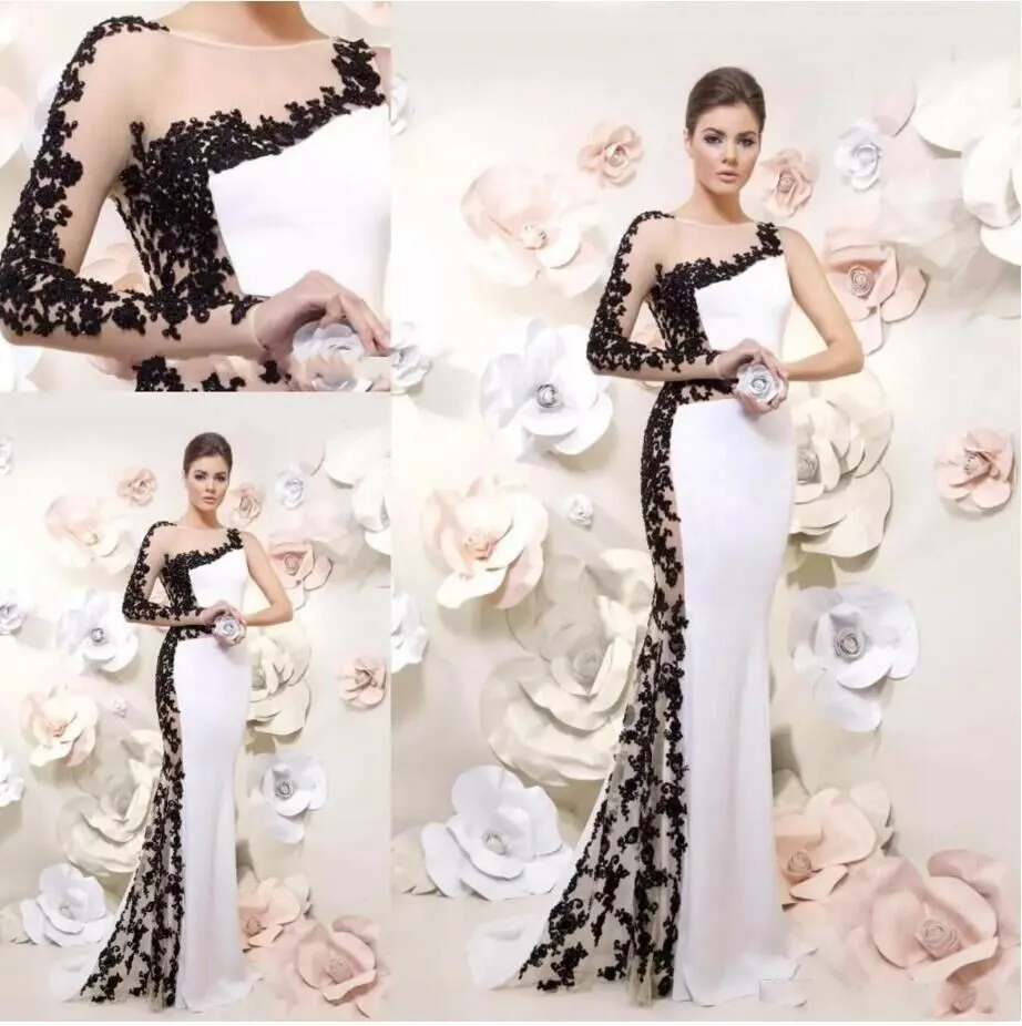 Fashion Black Lace And White One shoulder with Long Sleeve Prom dresses Unique Designer Cheap Applique Long Evening party Formal Dress