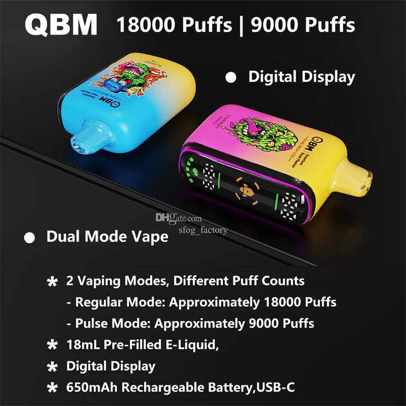 Original QBM Box Puff 18000 Puff 9000 Vapes Einweg-Puff 18k 9k Dual Mode Vaper Digitalanzeige Vape-Gerät 18ml Pod 2% 5% 10 Geschmacksrichtungen E-Zigaretten-Dampfstift 18000 Puffs