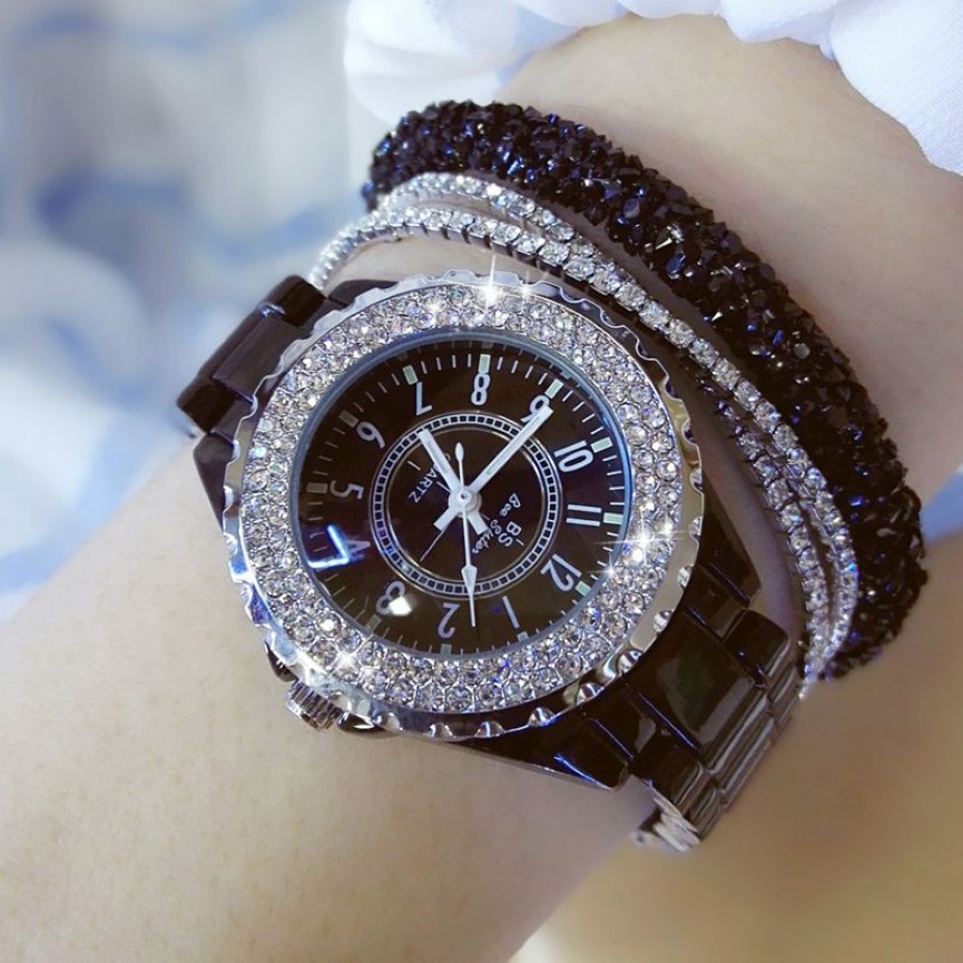 Montres diamant femme célèbre marque montre en céramique noire femmes bracelet montre-bracelet femme strass femmes montres-bracelets 201204216s