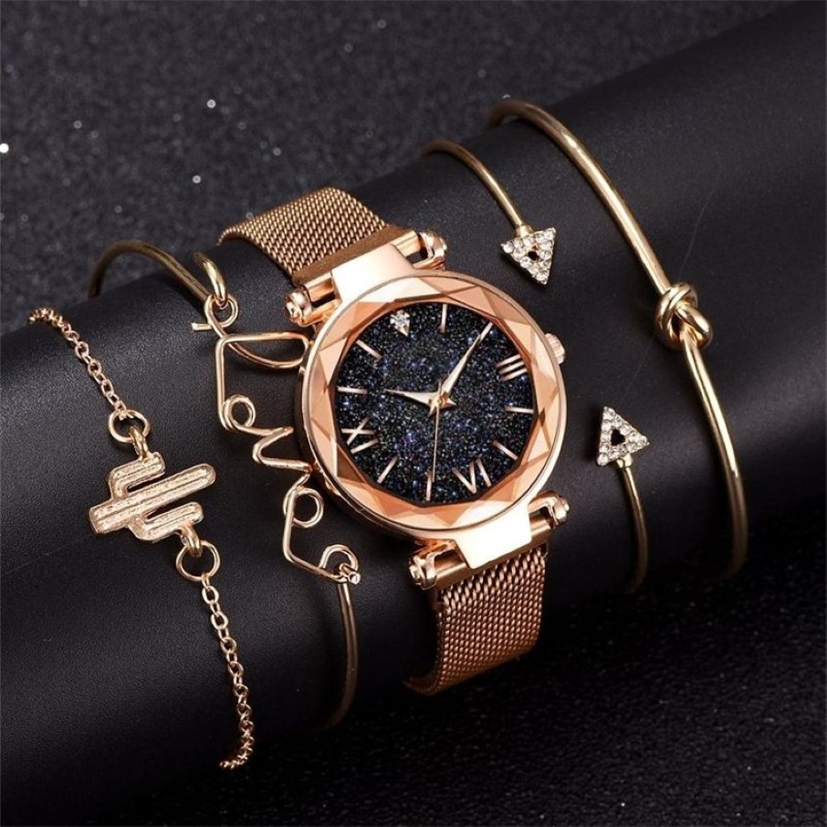 Mode Armband Horloges Dames 5 Stuks Set Luxe Rose Goud Dame Horloges Sterrenhemel Magneet Gesp Gift Horloge voor Vrouwelijke 2012042363