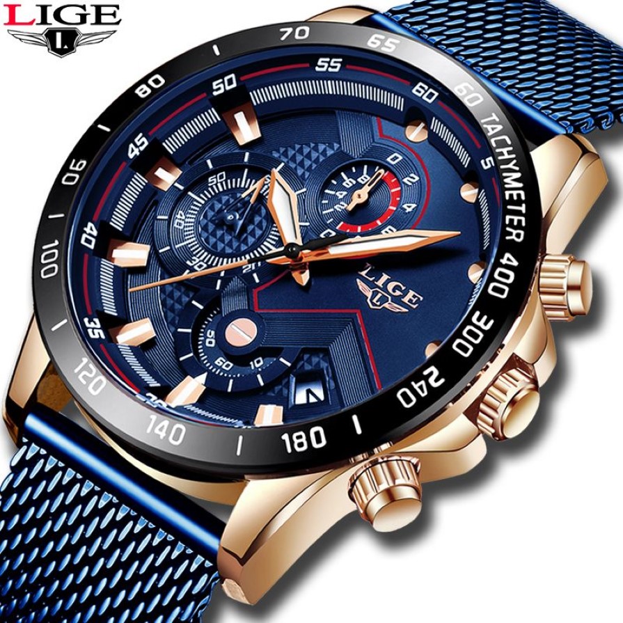 LIGE Moda Uomo Orologi Top Brand Orologio da polso di lusso Orologio al quarzo Orologio blu Uomo Cronografo sportivo impermeabile Relogio Masculino C201N