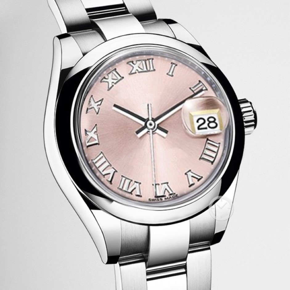 Klassiska 28 mm rosa kvinnors klockor automatiska mekaniska rostfritt stål remmmode damer titta på romersk siffra klocka gåva3257