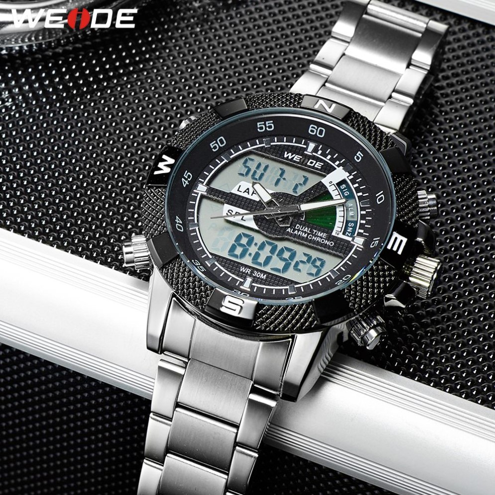 Weide display digital masculino esporte horas de luxo negócios militar pulseira aço inoxidável relógio pulso quartzo relogio masculino314v