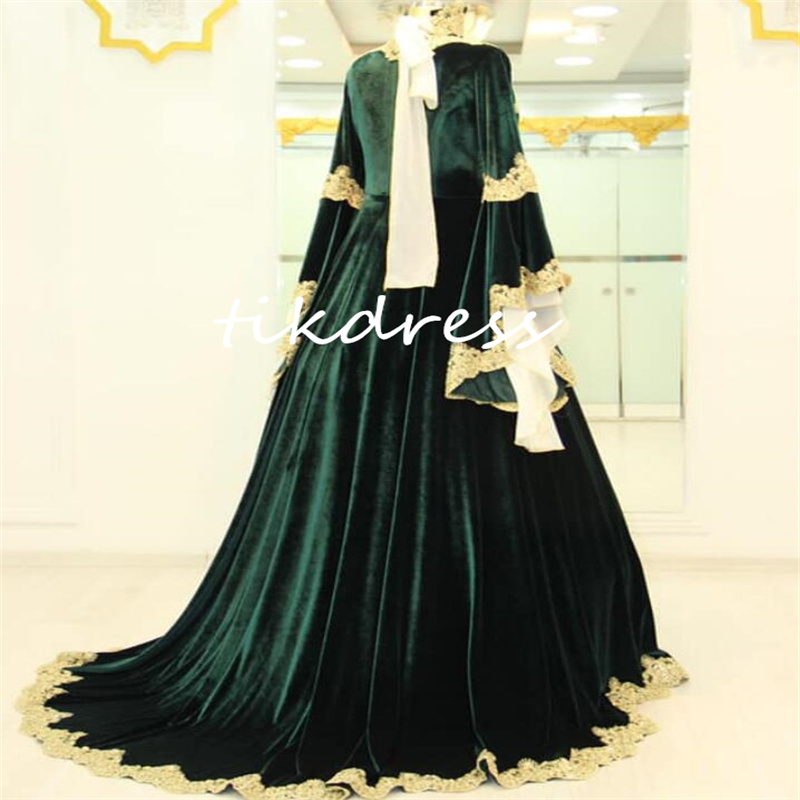 Vintage Burgundii Zielona Kaftan Suknie wieczorowe 2024 Długie rękawy Złota koronkowa aksamitna sukienka na bal