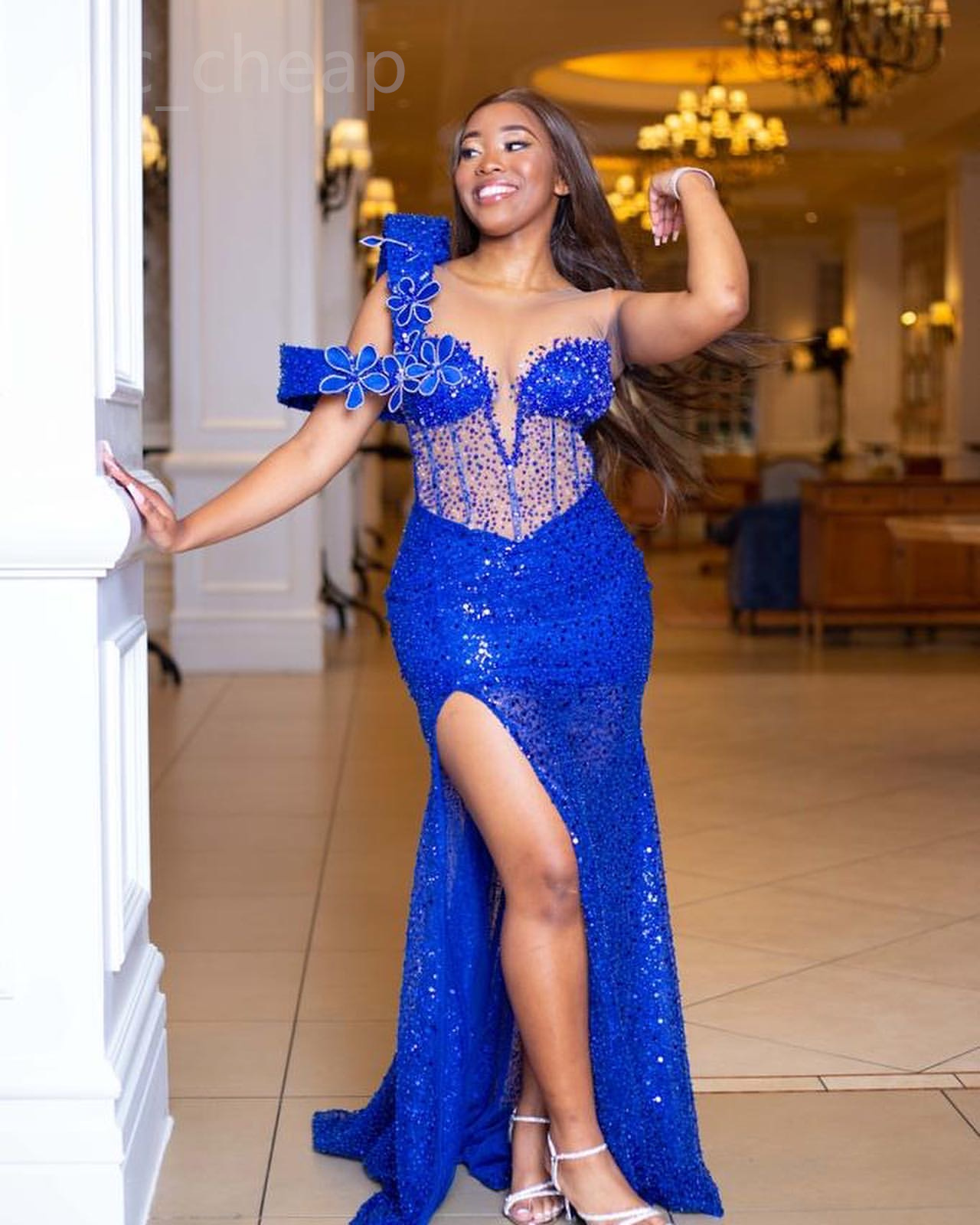 2024 Aso Ebi Royal Blue Florals Mermaid Prom Dress Sequined Lace Evening Formal Party Second Reception 50th Birthday Engagement Gowns Dresses Robe De Soiree ZJ58