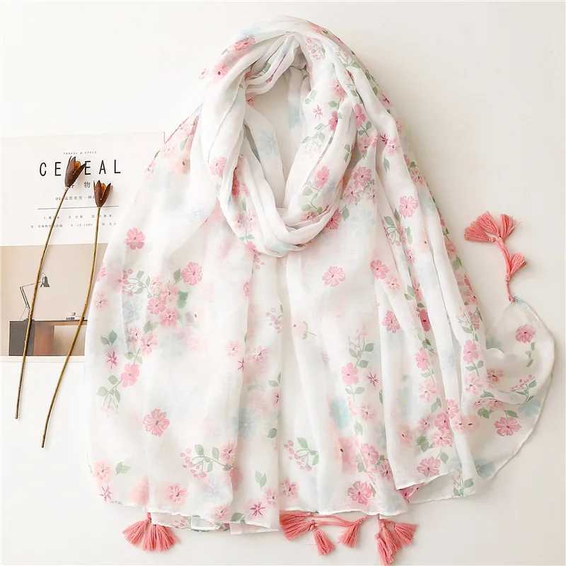 Sarongs 90 * 180 newly printed soft linen cotton scarf shawl womens fashion luxury brand headscarf womens high-quality wrapped floral tassel scarf 24325