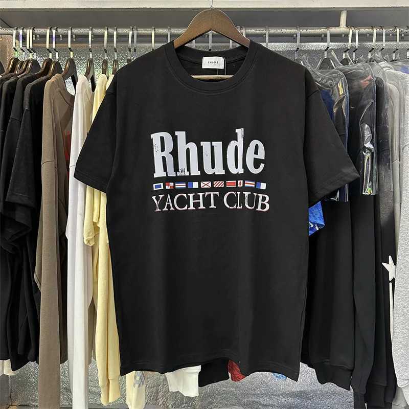 T-shirt da uomo Rhude100% doppio filato puro cotone Beach Coconut Tree Stampa T-shirt casual a slitta corta di alta qualità uomo e donna J240325
