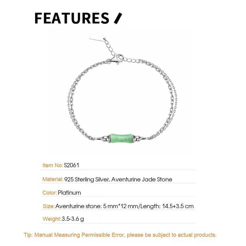 Цепь Ф. И.Н. Оригинальный новый Китай Зеленый бамбук Авентуриновый нефрит браслет S925 Серебряное серебряное серебро двойное цепное запястье изящное ювелирное подарки 24325