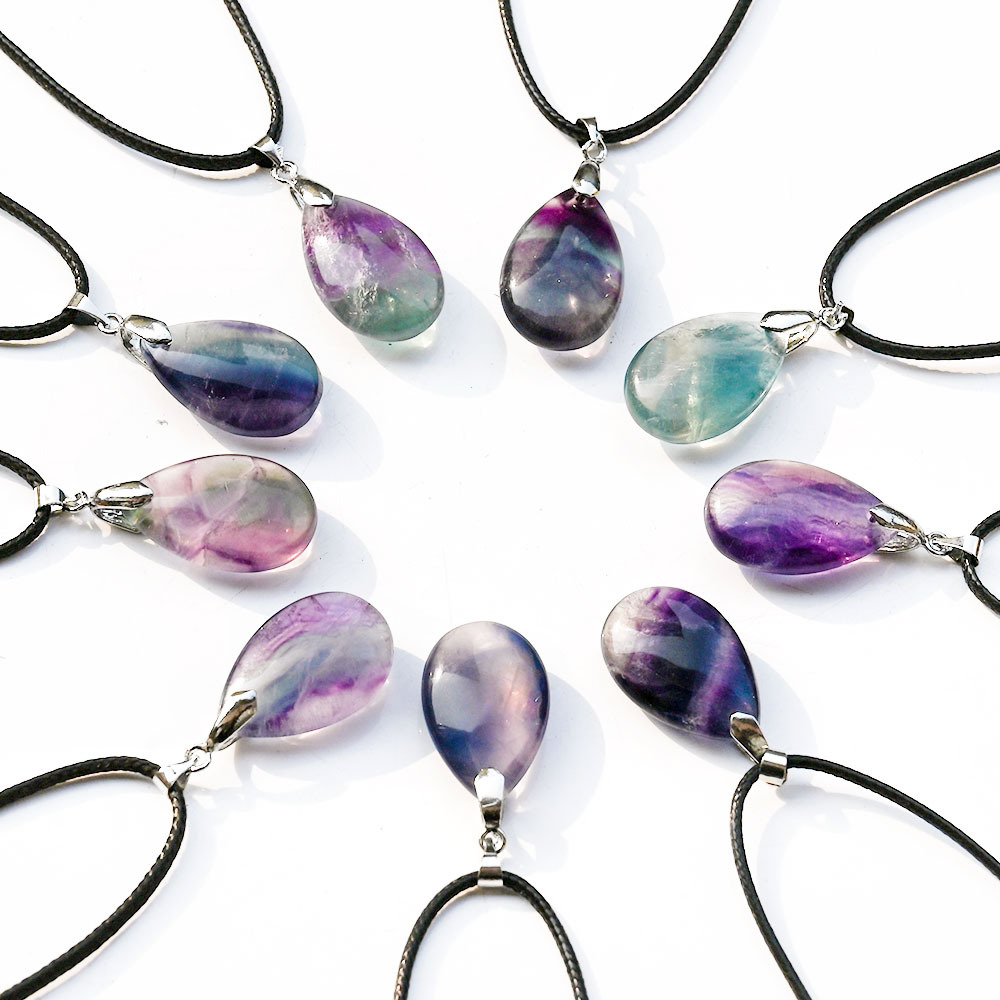 Natural Colorful Purple Green Fluorite Water Drop Stone Pendant Necklace for Women Party Jewelry Gift 16x25mm