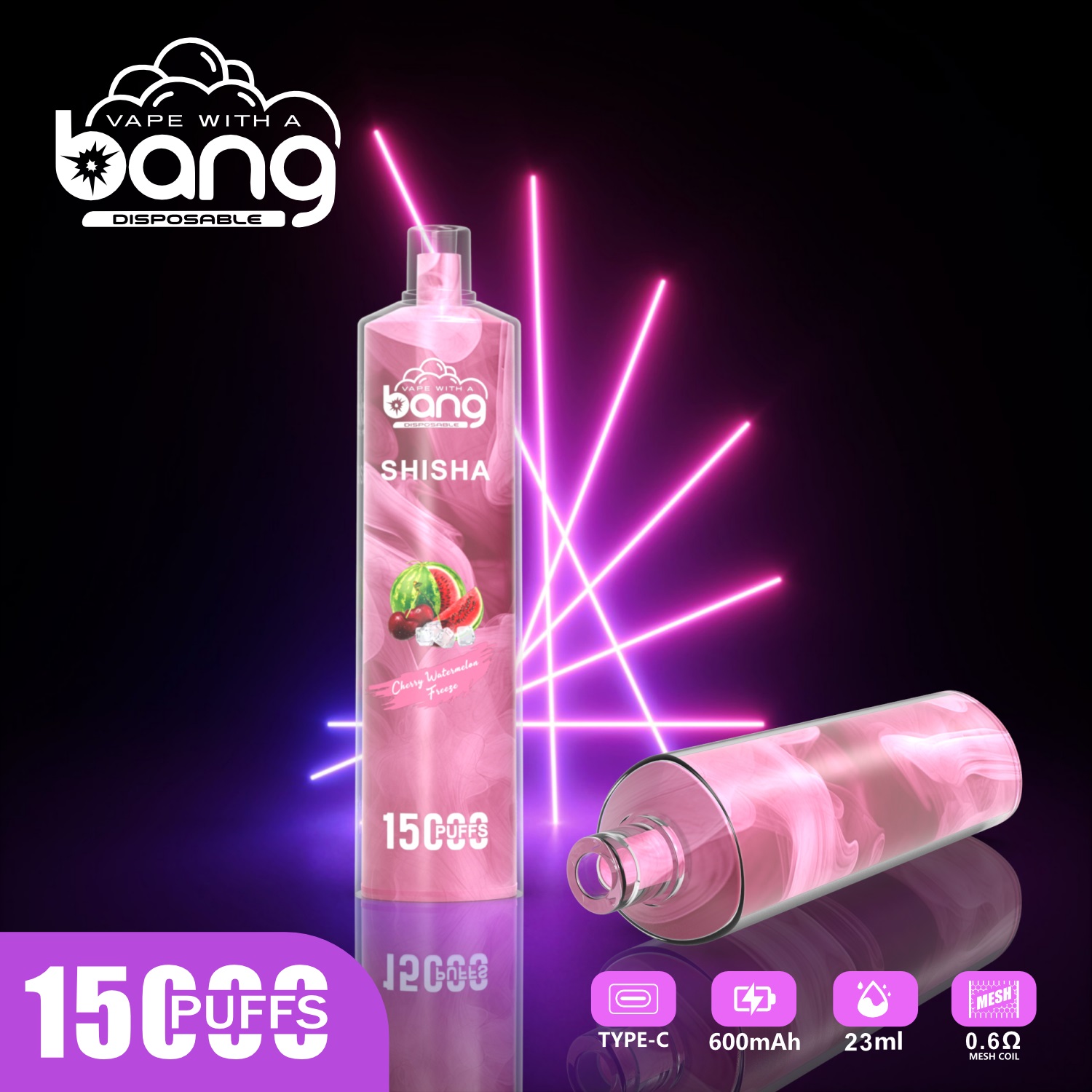 オリジナルのBang Shisha 15000 Puffs使い捨てベイプペン15Kパフサベイプバング23MLプレフィルドカートリッジポッド600 MAH充電式バッテリーLEDライトカラーキット