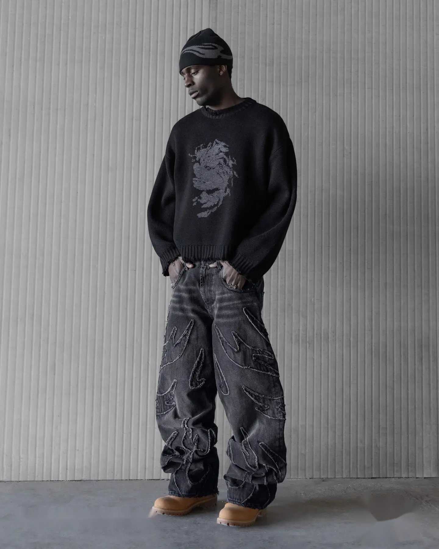 Heren Jeans Y2k Retro Zwarte Zak Jeans Heren Hip Hop Punk Originele Rand Geborduurde Jeans Retro Patroon Gesplitst jeansL2403