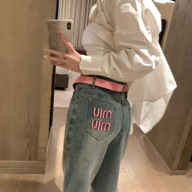New embroidered straight leg jeans for women with waistband, letter logo straight leg pants