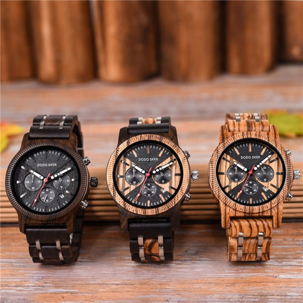 Dodo Deer Men's Watch Wood Watches Men klocka Business Luxury Stop Watch Color Valfritt med trä rostfritt stål Band C08 OEM237X