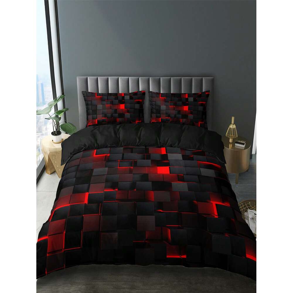 Ensemble de grille rouge de style technologique comprenant 1 housse de couette et 2 taies d'oreiller, adapté à une utilisation à la maison et en dortoir