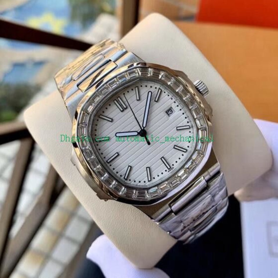 Nytt 18K White Gold 5711 Baguette Diamond Watch 316L Steel Armband 40mm Automatic Mens Fashion Men Watches Luxury Watch New Versio1875