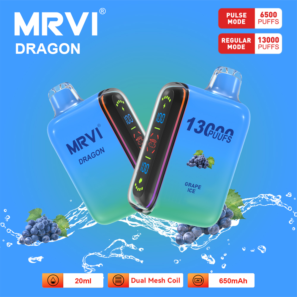 Одноразовая тележка Mrvi Bar Mrvi Dragon 13000 затяжек Одноразовая электронная сигарета Предварительно заполненная 20 мл Устройство для вейпинга с двойной сетчатой катушкой с импульсным режимом 2% 5% прочности