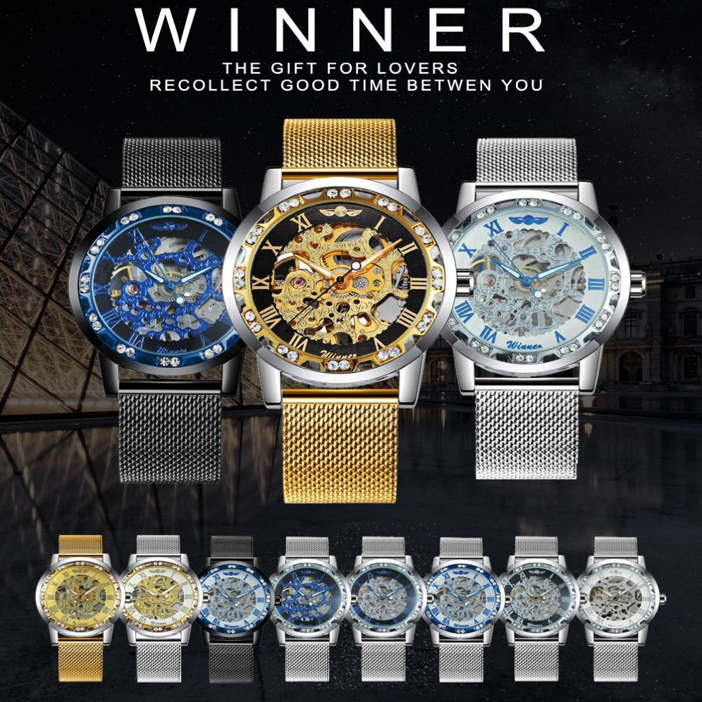 WINNER Officiel Mode Squelette Hommes Montres Argent Top Marque De Luxe Mécanique Maille Bracelet Cristal Glacé Ultra Mince Dames 2011290u