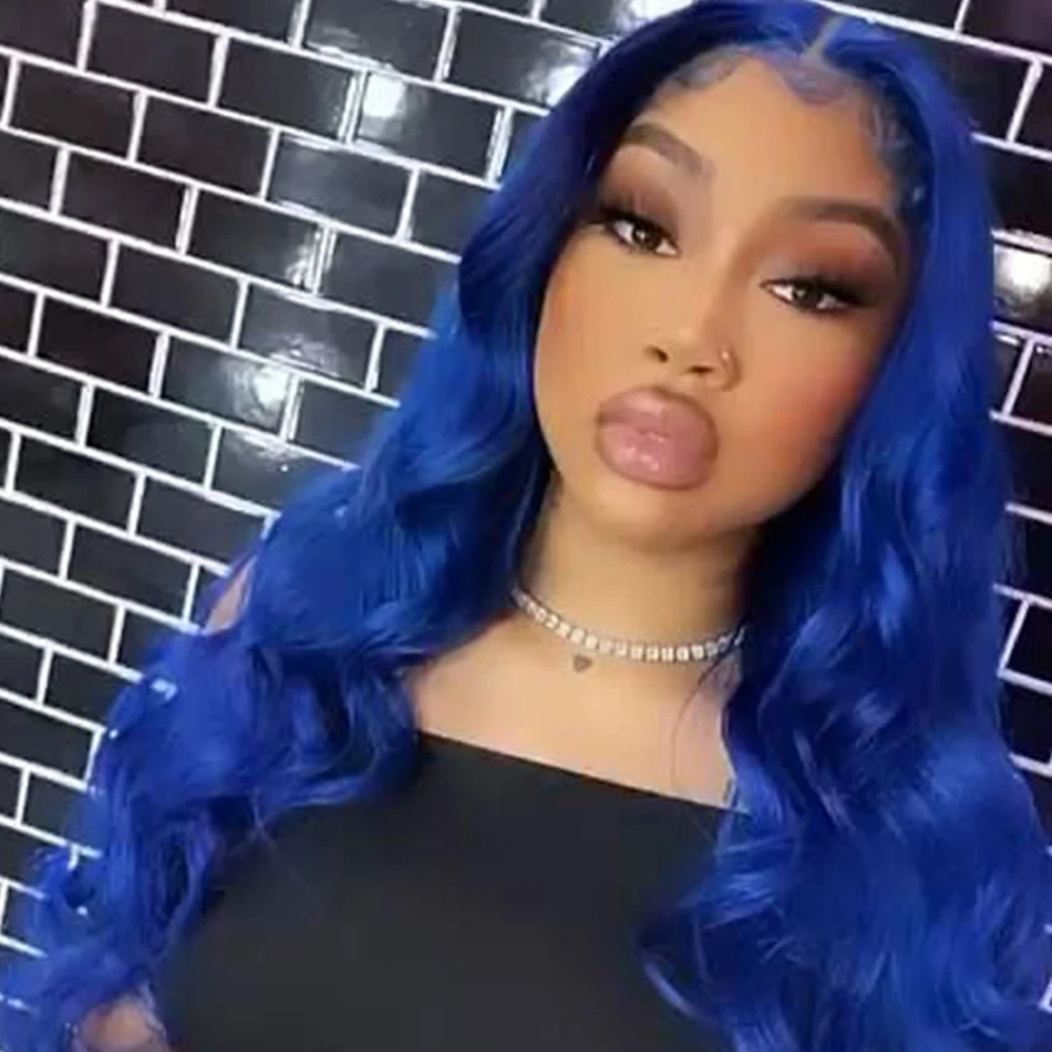 Sapphire Blue 13x4 Body Wave Glueless Spets Front Human Hair Wigs Dark Blue Colored HD Transparent Spets Frontal Wig Pre Plucked