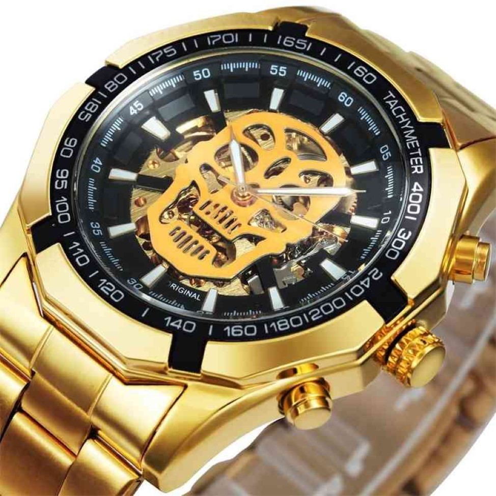 GEWINNER Offizielle Automatik-GOLD-Uhr für Herren, Stahlarmband, Skelett-Mechanik, Totenkopf-Uhren, Top-Marke, Luxus, Drop Whole 210278g