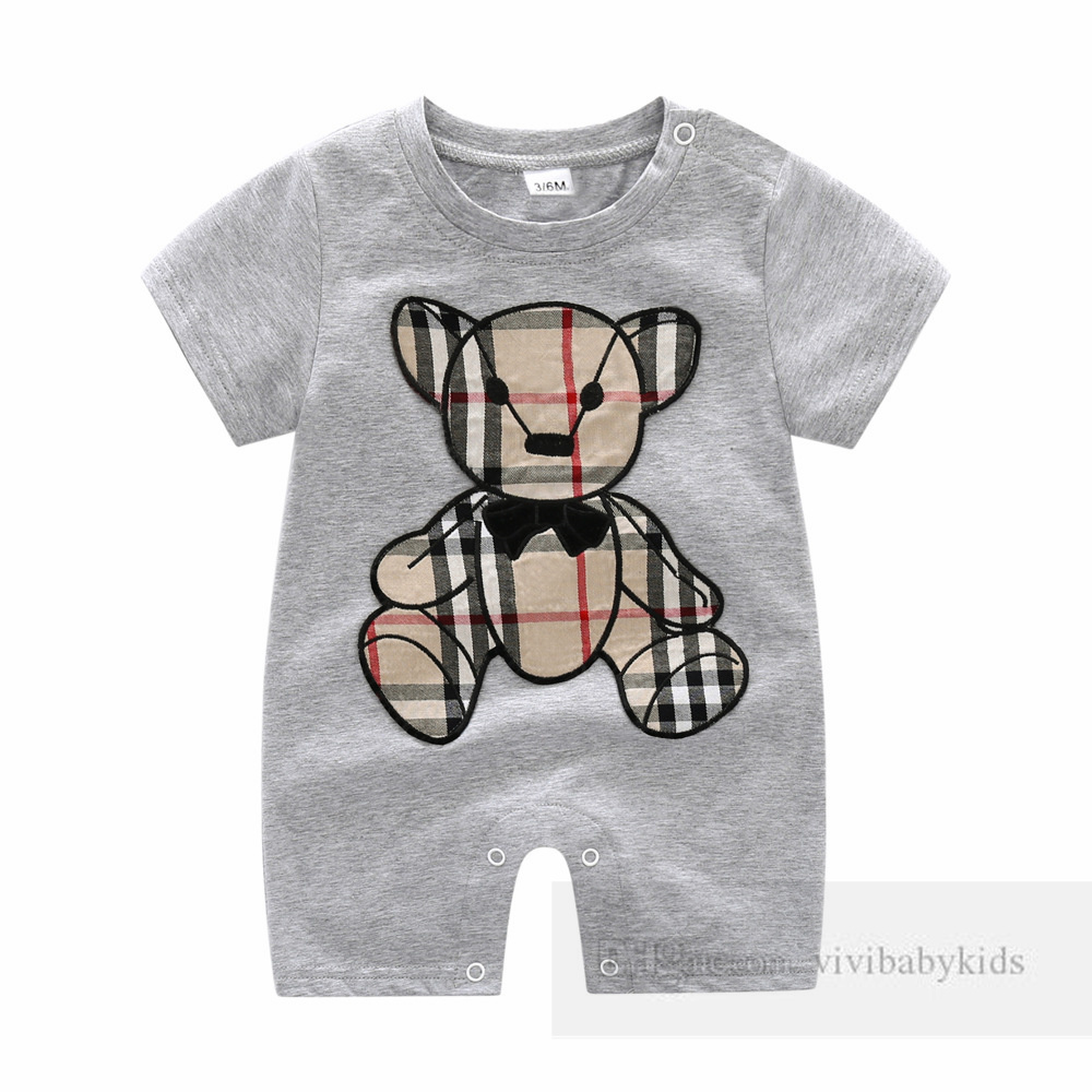 Projektant Baby Boys Rompers Toddler Kids Plaid Bear Patch Haft haft krótki rękawie Sumps Summer Infant Girls Cotton Climb Ubrania Z7327