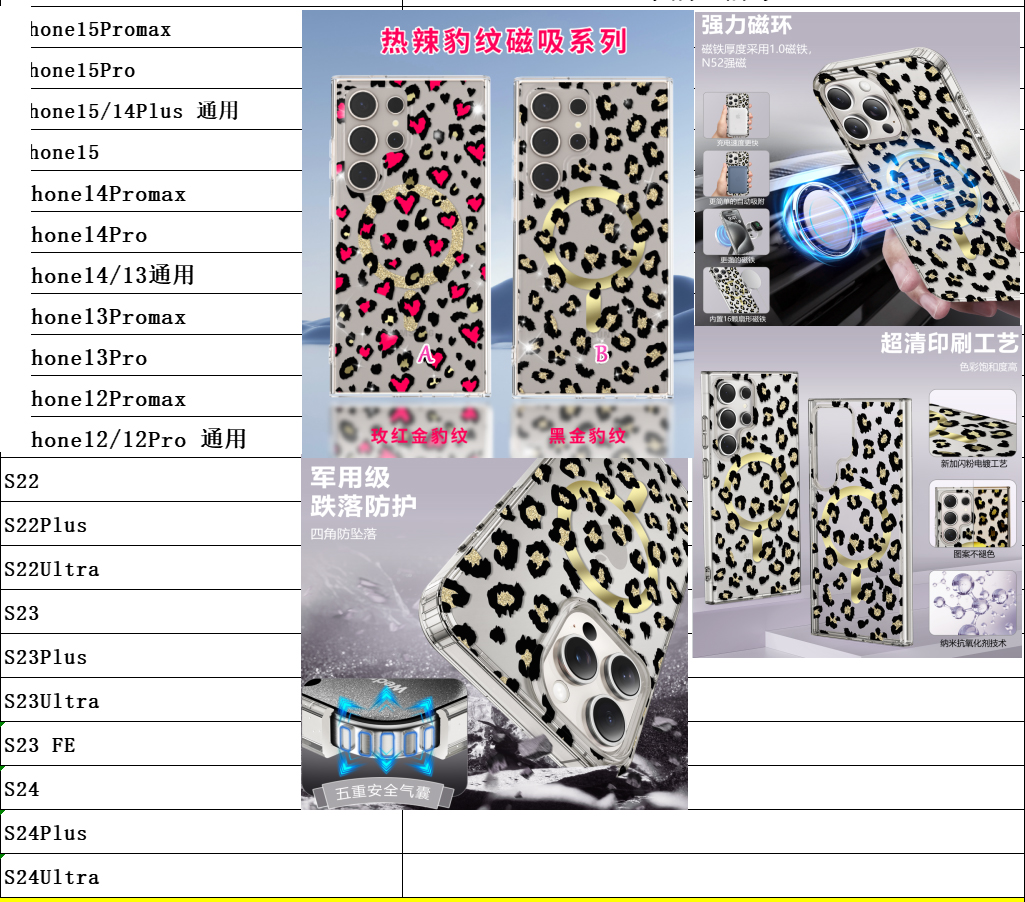 Leopardenkorn magnetische kabellose Lade-Hartplastik-TPU-Hüllen für iPhone 15 14 Plus 13 Pro MAX 12 Samsung S24 Ultra S23 S22 Magnet Mode PC verchromte Bling-Telefonabdeckung