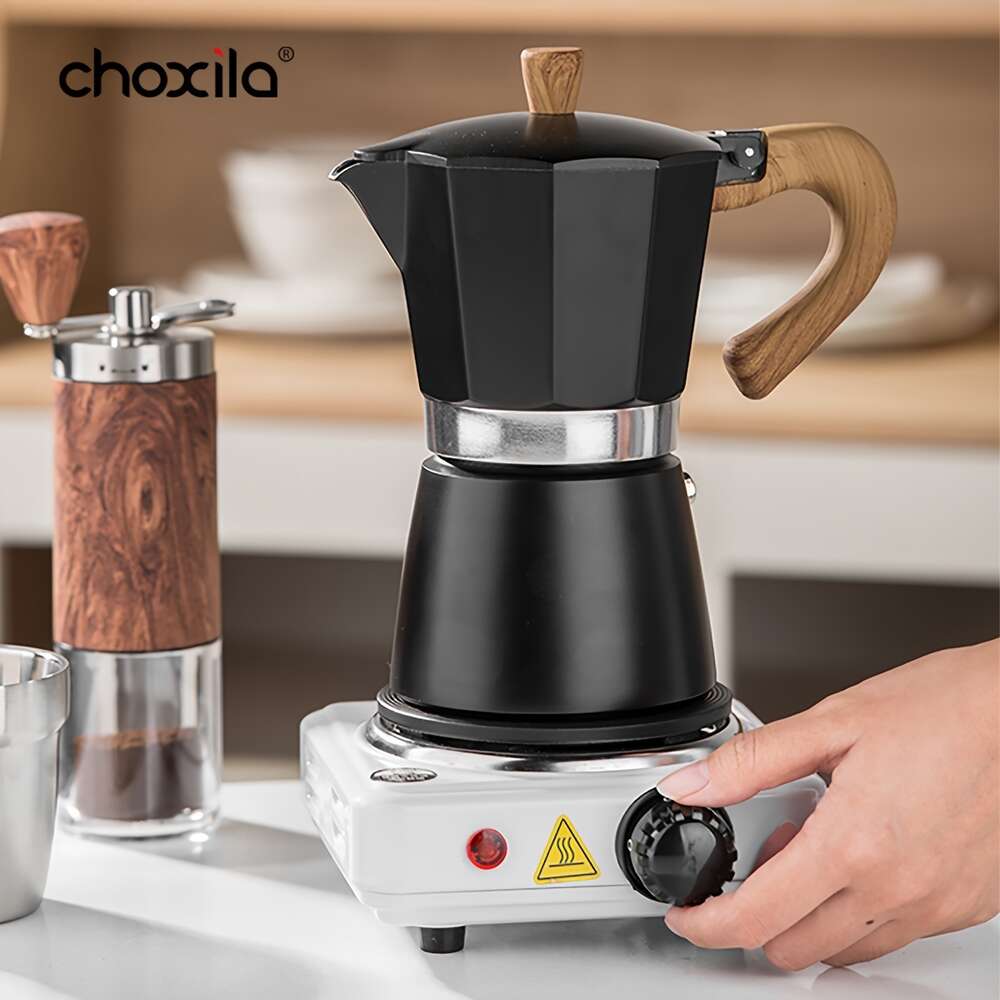 Classic Italian Cuban Espresso Maker Moka Pot, Electric Stovetop, Manual Grinder, Milk Frother, Canister - Travel and Camping Coffee Set with Portable Bag