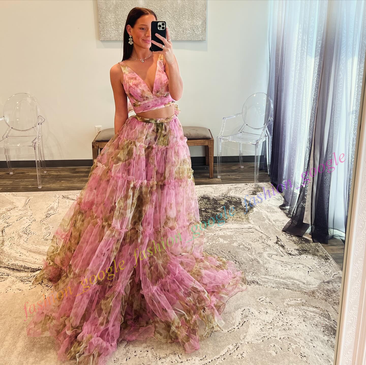 Crop Top Senior Prom Dress Print Floral 2-Piece Ruffle Tulle Winter Spring Formal Evening Cocktail Gala Party Pageant Red Carpet Runway Hoco Gown Orange Pink Tie-Back