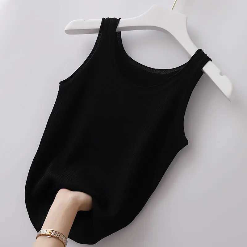 Women's Tanks Camis Summer Knitted Tank Top Sexy Sleeveless O-Neck Womens Tank Top Solid Black and White T-shirt Solid Plus Size Ultra Thin Tank Top 24326