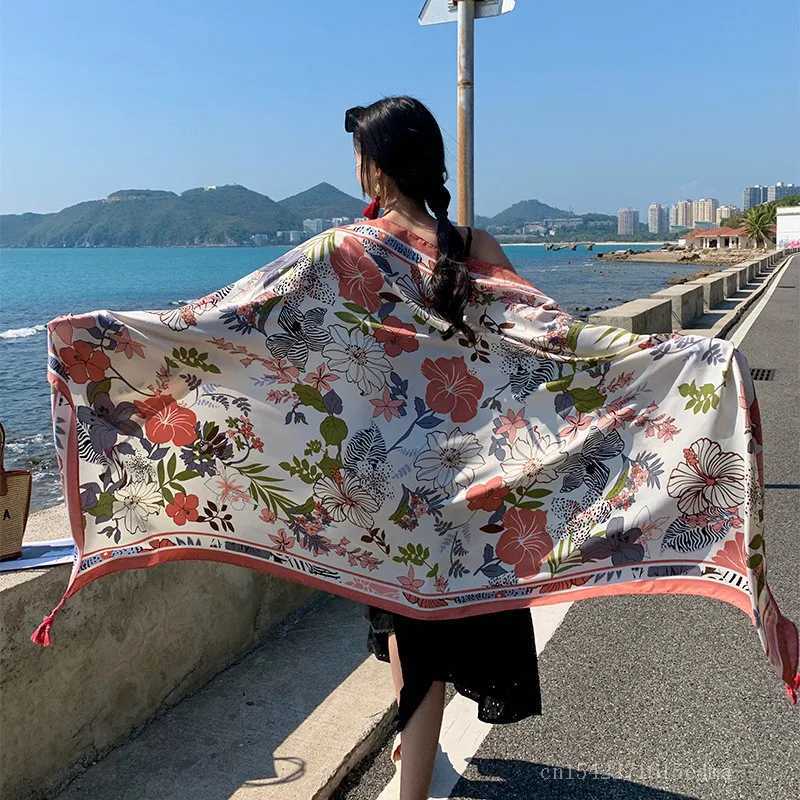 Sarongs New womens beach scarf Bohemian flower summer headscarf shawl and wrap female founder Echarpe designer Pashmina Bandana 240325