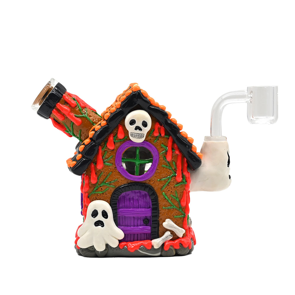 13cm/5.1in Glass Water Pipe,Polymer Clay Halloween Theme Glass Smoking Item With Cartoon House,Home Desktop Decoration,Glow In Dark,Glass Hookah,Glass Bong